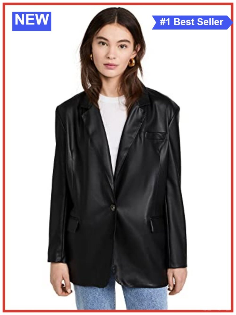 Faux Leather Blazer Collared Button Front Oversized Silhouette Long Sleeve
